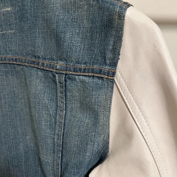 rag & bone/JEAN for Intermix White Leather Sleeve Distressed Jean Jacket S - Picture 10 of 11
